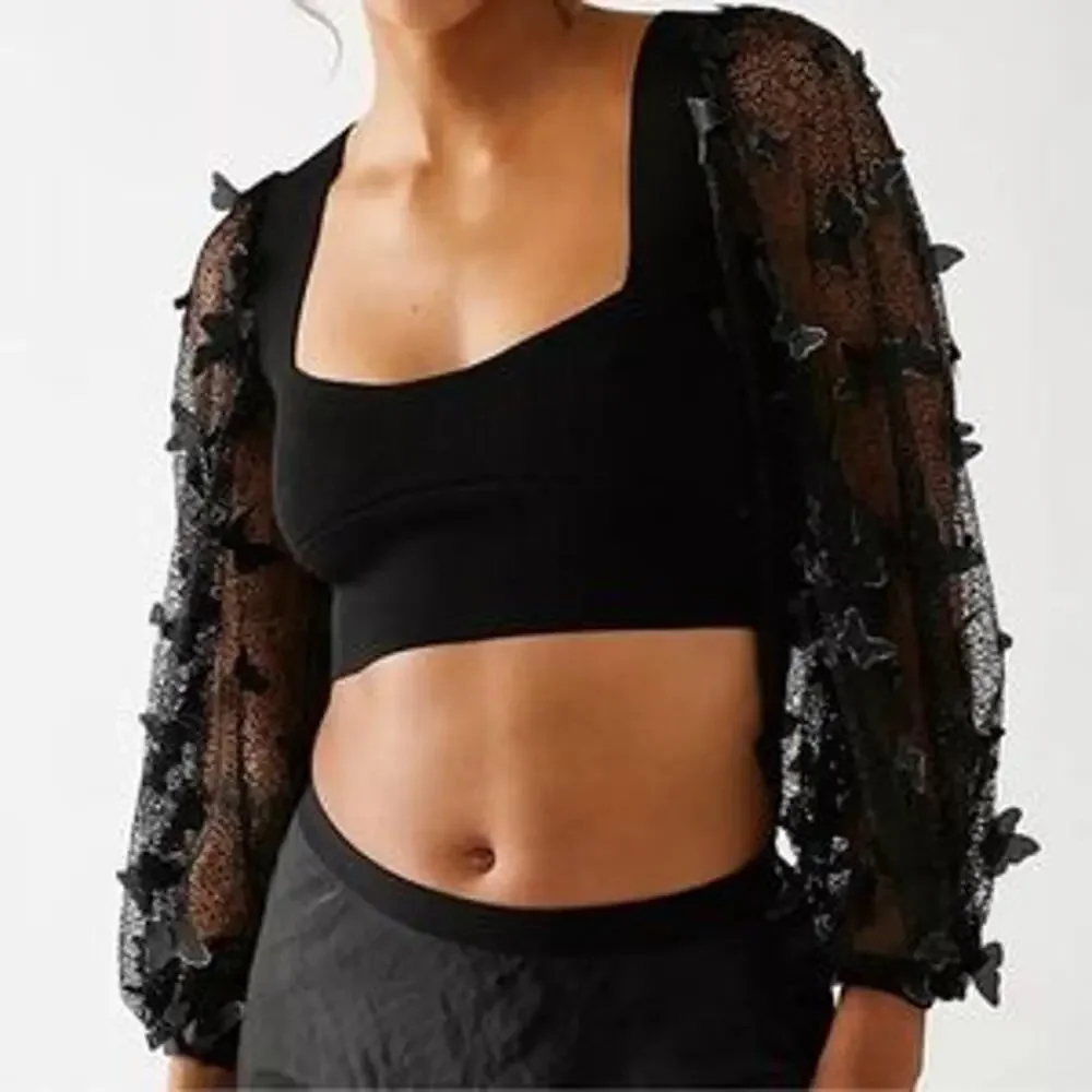 Free People Intimately Flutter By Sheer Mesh Billowy Sleeves Cropped Blouse